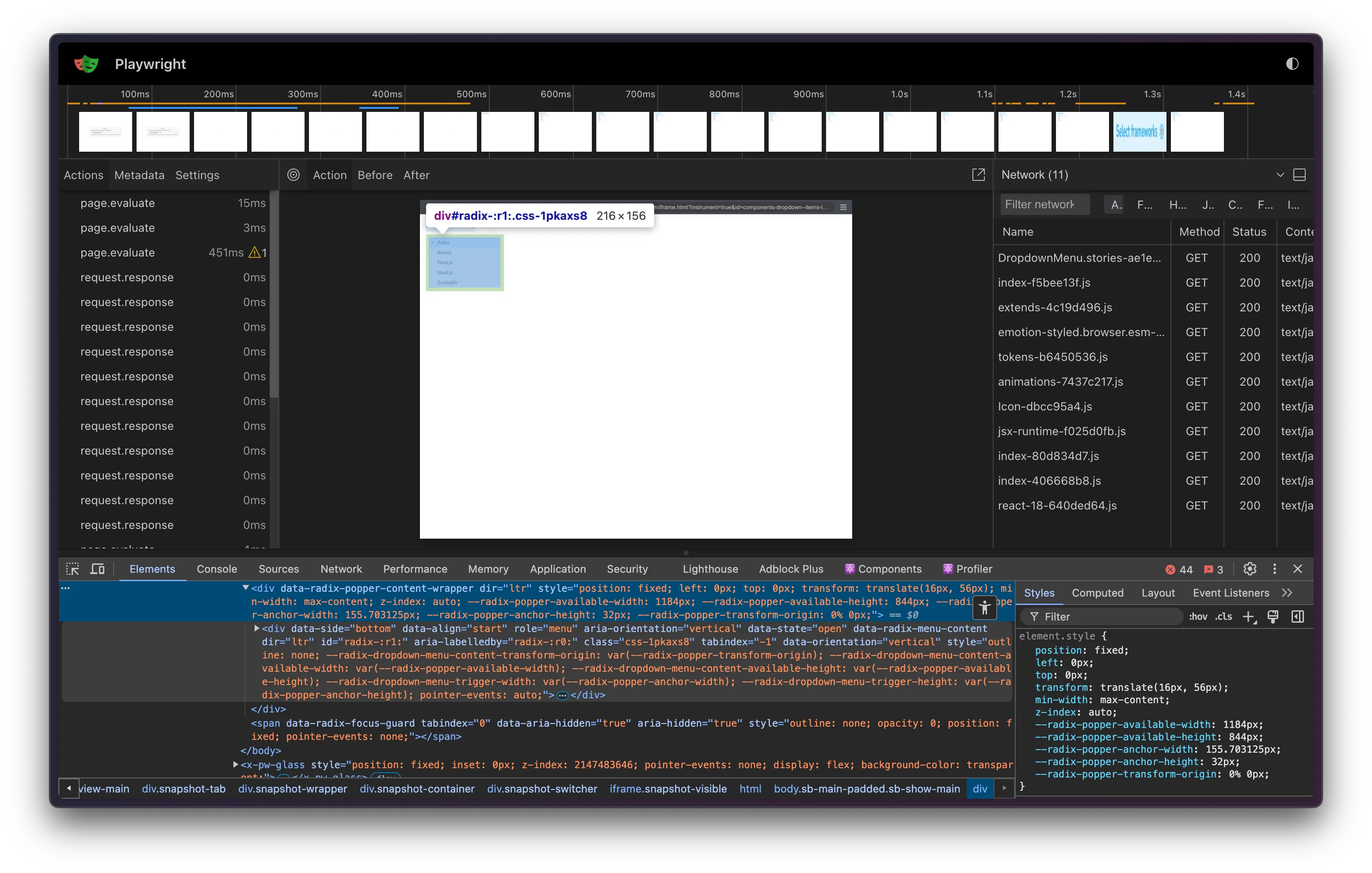 Using browser DevTools to inspect the DOM archived by the trace